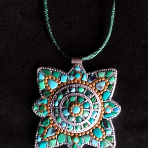 Tibeti stílusú türkiz nyaklánc (ezüst-arany), Ékszer, Medálos nyaklánc, Nyaklánc, Ékszerkészítés, Gyurma, MESKA