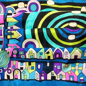 Kézzel festett selyemkendő Hundertwasser 75x75cm (pongé 8) - ruha & divat - sál, sapka, kendő - vállkendő - Meska.hu