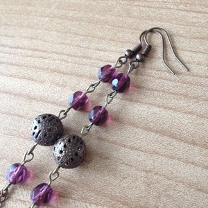 Lila és áttört bronzos hosszú fülbevaló - ékszer - fülbevaló - lógó fülbevaló - Meska.hu