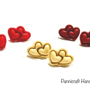 Piros duplaszív gyurma fülbevaló - ékszer - fülbevaló - pötty fülbevaló - Meska.hu