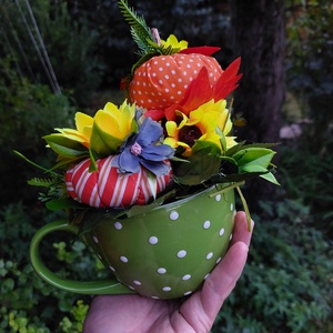 Őszi dísz pöttyös porcelán kaspóban - otthon & életmód - dekoráció - virágdísz és tartó - virágbox, virágdoboz - Meska.hu
