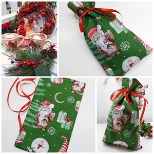 Mikulászsak zöld pamutvászon alaponlapon , Karácsony, Mikulás, Mikulás zsák, Varrás, MESKA