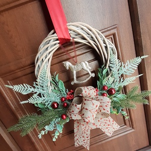 Klasszikus zöld-piros és arany, hintalovas Karácsonyi kopogtató 30cm, adventi, karácsonyi dekoráció - karácsony - karácsonyi lakásdekoráció - karácsonyi ajtódíszek - Meska.hu