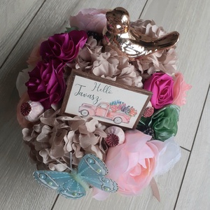 Hello tavasz madárkás selyemvirág asztaldísz, virágbox - otthon & életmód - dekoráció - asztal és polc dekoráció - asztaldísz - Meska.hu