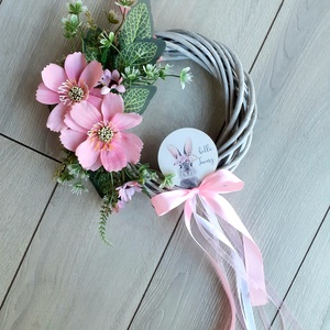 Nyuszis rózsaszín zinnia kopogtató, ajtódísz hello tavasz - otthon & életmód - dekoráció - ajtó- és ablak dekoráció - ajtódísz & kopogtató - Meska.hu