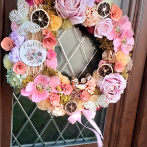 Sünis Óriási, madárkás ajtódísz, kopogtató, koszorú 42cm, sárga és rózsaszín - otthon & életmód - dekoráció - ajtó- és ablak dekoráció - ajtódísz & kopogtató - Meska.hu