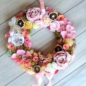 Sünis Óriási, madárkás ajtódísz, kopogtató, koszorú 42cm, sárga és rózsaszín - otthon & életmód - dekoráció - ajtó- és ablak dekoráció - ajtódísz & kopogtató - Meska.hu