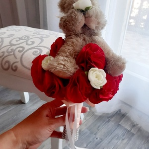 Piros örökvirág virágcsokor macival - otthon & életmód - dekoráció - virágdísz és tartó - csokor & virágdísz - Meska.hu