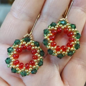 Adventi gyöngyfülbevaló , Ékszer, Fülbevaló, Lógós kerek fülbevaló, Ékszerkészítés, Gyöngyfűzés, gyöngyhímzés, MESKA