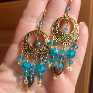 Türkizkék-arany gyöngyfülbevaló, Ékszer, Fülbevaló, Lógó fülbevaló, Gyöngyfűzés, gyöngyhímzés, Ékszerkészítés, MESKA