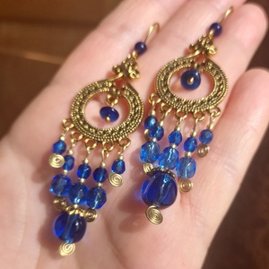 Királykék-arany gyöngyfülbevaló - ékszer - fülbevaló - lógó fülbevaló - Meska.hu