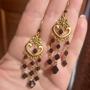 Fekete-arany gyöngyfülbevaló, Ékszer, Fülbevaló, Lógó fülbevaló, Gyöngyfűzés, gyöngyhímzés, Ékszerkészítés, MESKA