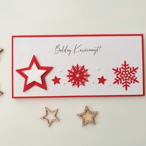 Karácsonyi pénzátadó boríték - piros csillagos, hópihés - karácsony - karácsonyi ajándékozás - karácsonyi képeslap, üdvözlőlap, ajándékkísérő - Meska.hu