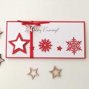 Karácsonyi pénzátadó boríték - piros csillagos, hópihés - karácsony - karácsonyi ajándékozás - karácsonyi képeslap, üdvözlőlap, ajándékkísérő - Meska.hu