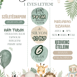 Cuki szafari állatkás Első Születésnapi Mérföldkő tábla - 1 éves szülinapi poszter (Digitális vagy Nyomtatott) - baba - mama - babafotózás - baba mérföldkő kártyák - Meska.hu