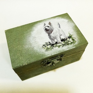 Kutyusos zöld dobozka, Otthon & Életmód, Papír, írószer, Ajándékozás kellékei, Pénzátadó doboz, Decoupage, transzfer és szalvétatechnika, Festett tárgyak, MESKA