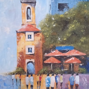 Forgatag � városi jelenet Akril festmény faroston (30�40 cm), Művészet, Festmény, Akril, Festészet, MESKA