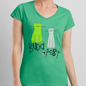 AKCIO: Két cica Budapest tetején - emlék a fővárosból, zöld női póló, Ruha & Divat, Női ruha, Póló, felső, Fotó, grafika, rajz, illusztráció, MESKA