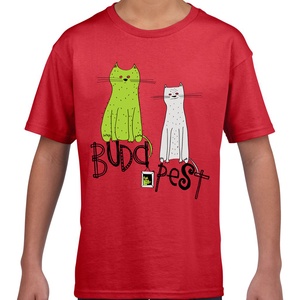 Cicák és Budapest - piros macskás gyerek póló - uniszex, Ruha & Divat, Babaruha & Gyerekruha, Póló, Fotó, grafika, rajz, illusztráció, MESKA