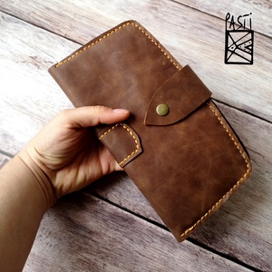 Óriási puha bőr pénztárca, irattárca aprótartóval - barna/narancs  - Meska.hu