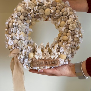 Nyuszis ajtódísz, Ünnepi díszek, dekorációk, Húsvéti díszek és dekorációk, Húsvéti ajtódísz, kopogtató, Virágkötés, MESKA