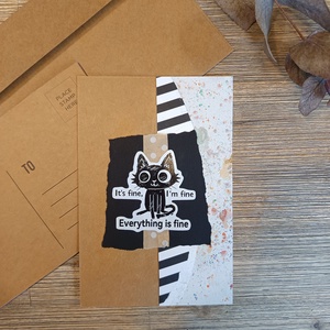Egyedi, kézzel készült képeslap kollázs technikával - cica /Everything is fine/, Otthon & Életmód, Papír, írószer, Ajándékozás kellékei, Képeslap, üdvözlőlap, Scrapbook, Újrahasznosított alapanyagból készült termékek, MESKA