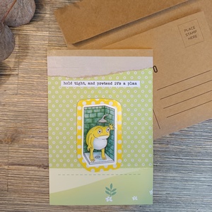 Egyedi képeslap kollázs technikával - békás /Hold tight and pretend it's a plan/ , Otthon & Életmód, Papír, írószer, Ajándékozás kellékei, Képeslap, üdvözlőlap, , MESKA