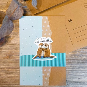 Egyedi képeslap kollázs technikával - Care for each otter /vidrák/ , Otthon & Életmód, Papír, írószer, Ajándékozás kellékei, Képeslap, üdvözlőlap, , MESKA