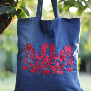 Hímzett újrahasznosított farmertáska, szatyor, bevásárlótásks - táska & tok - bevásárlás & shopper táska - shopper, textiltáska, szatyor - Meska.hu