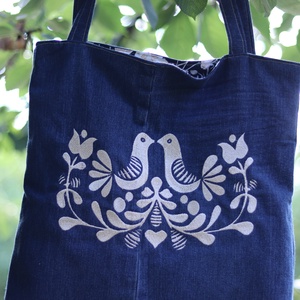 Hímzett újrahasznosított farmertáska, szatyor, bevásárlótásks - táska & tok - bevásárlás & shopper táska - shopper, textiltáska, szatyor - Meska.hu