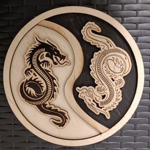 Ying Yang Sárkányok 2rétegű falikép 22cmes egyedi kézműves, Otthon & Életmód, Dekoráció, Kép & Falikép, Fából készült kép, Famegmunkálás, MESKA