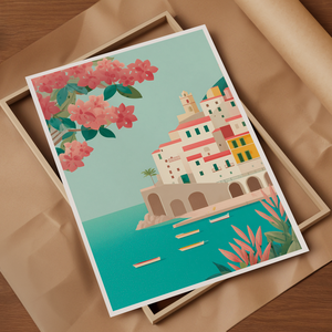 Amalfi travel poster  reggeli fények, friss mediterrán hangulat (A4/A5) - otthon & életmód - dekoráció - kép & falikép - poszter - Meska.hu