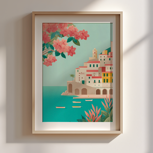 Amalfi travel poster  reggeli fények, friss mediterrán hangulat (A4/A5), Otthon & Életmód, Dekoráció, Kép & Falikép, Poszter, Fotó, grafika, rajz, illusztráció, MESKA