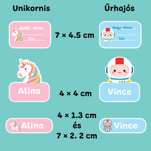 Egyedi névvel ellátott iskolai címke csomag  unikornisos vagy űrhajós mintával - otthon & életmód - papír, írószer - matrica, matrica csomag - Meska.hu