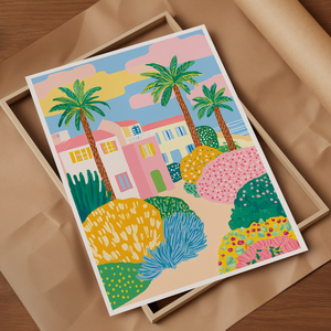 Palm Beach Dreamin  Színes házak és pálmafák faliké - művészet - grafika & illusztráció - művészi nyomat - Meska.hu