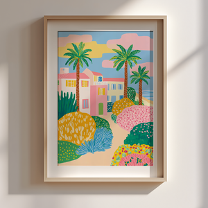 Palm Beach Dreamin  Színes házak és pálmafák faliké, Művészet, Grafika & Illusztráció, Művészi nyomat, Fotó, grafika, rajz, illusztráció, MESKA