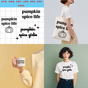 Őszi digitális design csomag  Pumpkin Spice Life + Pumpkin Spice Girlie ( ZIP fájl ) SVG, PNG, PDF, JPG, DXF, EPS, TIFF, Művészet, Grafika & Illusztráció, Digitális, Fotó, grafika, rajz, illusztráció, MESKA