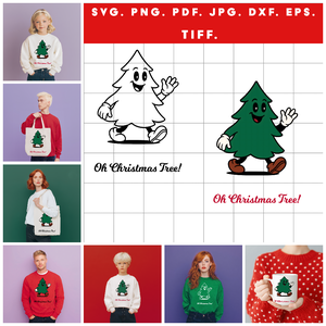 Oh Christmas Tree!  retro fenyőfa design színes és fekete változatban ZIP / SVG, PNG, PDF, JPG, DXF, TIFF - Meska.hu