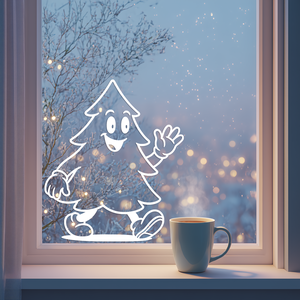 Fehér Cartoony Style sétáló fenyő ablakmatrica  fehér öntapadós fóliából, több méretben - Meska.hu