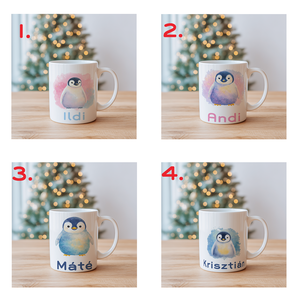 Névre szóló Pingvines bögre  vízfesték hatású karácsonyi ajándék (4 minta, 3 dl) - otthon & életmód - konyhafelszerelés, tálalás - tálalás - bögre & csésze - Meska.hu