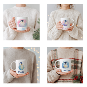 Névre szóló Pingvines bögre  vízfesték hatású karácsonyi ajándék (4 minta, 3 dl), Otthon & Életmód, Konyhafelszerelés, tálalás, Tálalás, Bögre & Csésze, Fotó, grafika, rajz, illusztráció, Decoupage, transzfer és szalvétatechnika, MESKA