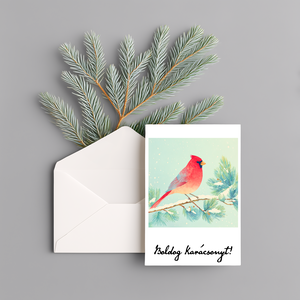 Karácsonyi kinyitható képeslap borítékkal  Piros madár a havas fenyőágon mintával - Meska.hu