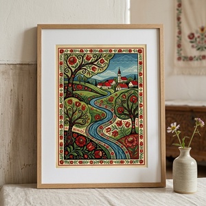 Magyar népi hímzés motívumos tájkép � Nyomtatott falikép / Art print (A4, A5) - Meska.hu