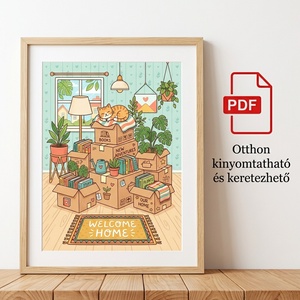 Welcome Home költözős, házavatós illusztráció cicával � Letölthető PDF falikép (A4, A3, 3:4) - művészet - grafika & illusztráció - digitális - Meska.hu