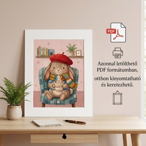 Sapkás, kuckózós nyuszi teásbögrével � Cuki gyerekszoba falikép (Digitális PDFés Nyomtatott) - művészet - grafika & illusztráció - művészi nyomat - Meska.hu