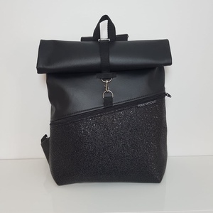 Roll top ROCK BLACK elegáns fekete műbőr hátizsák - Meska.hu