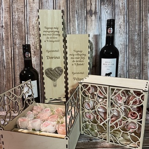 Szülőköszöntő szett, virág boxok szív mintájú ajtókkal, gravírozott idézettel, bortartókkal, Léggömb szív mintával - esküvő - emlék & ajándék - szülőköszöntő ajándék - Meska.hu