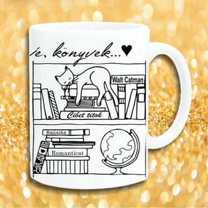 Cica, könyv, kávé, Otthon & Életmód, Konyhafelszerelés, tálalás, Tálalás, Bögre & Csésze, Fotó, grafika, rajz, illusztráció, MESKA