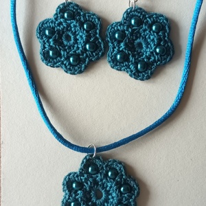 Gerbera  ékszergarnitúra tengerkék , Ékszer, Ékszerszett, Horgolás, MESKA