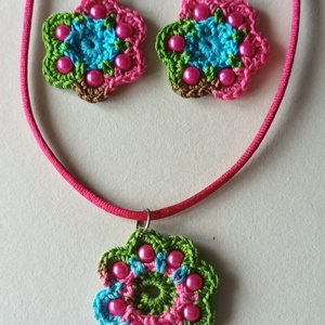 Gerbera  ékszergarnitúra pink-türkiz , Ékszer, Ékszerszett, Horgolás, MESKA